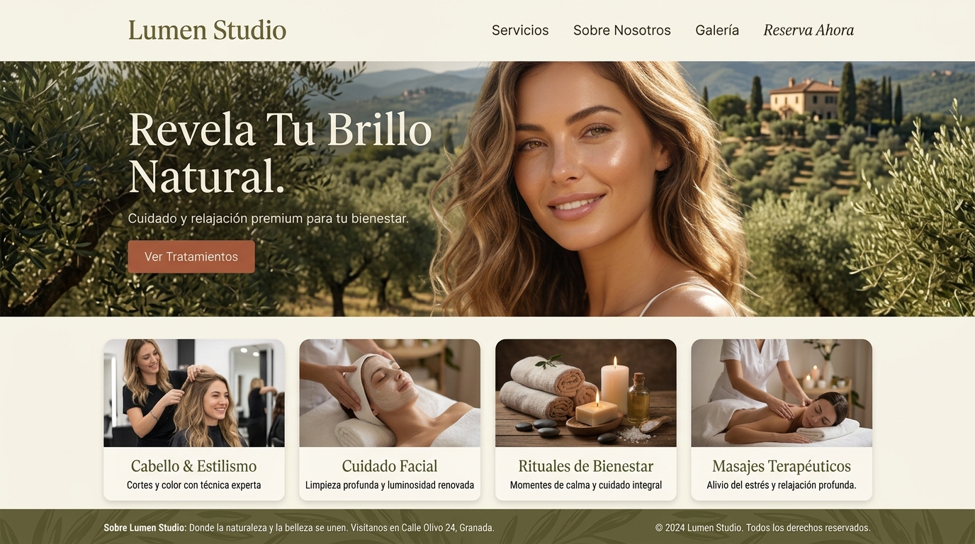 Vista previa de sitio web para salón de belleza — proyecto demo Lumen Studio