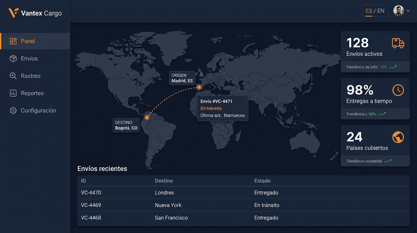 Vista previa de dashboard de logística — proyecto demo Vantex Cargo